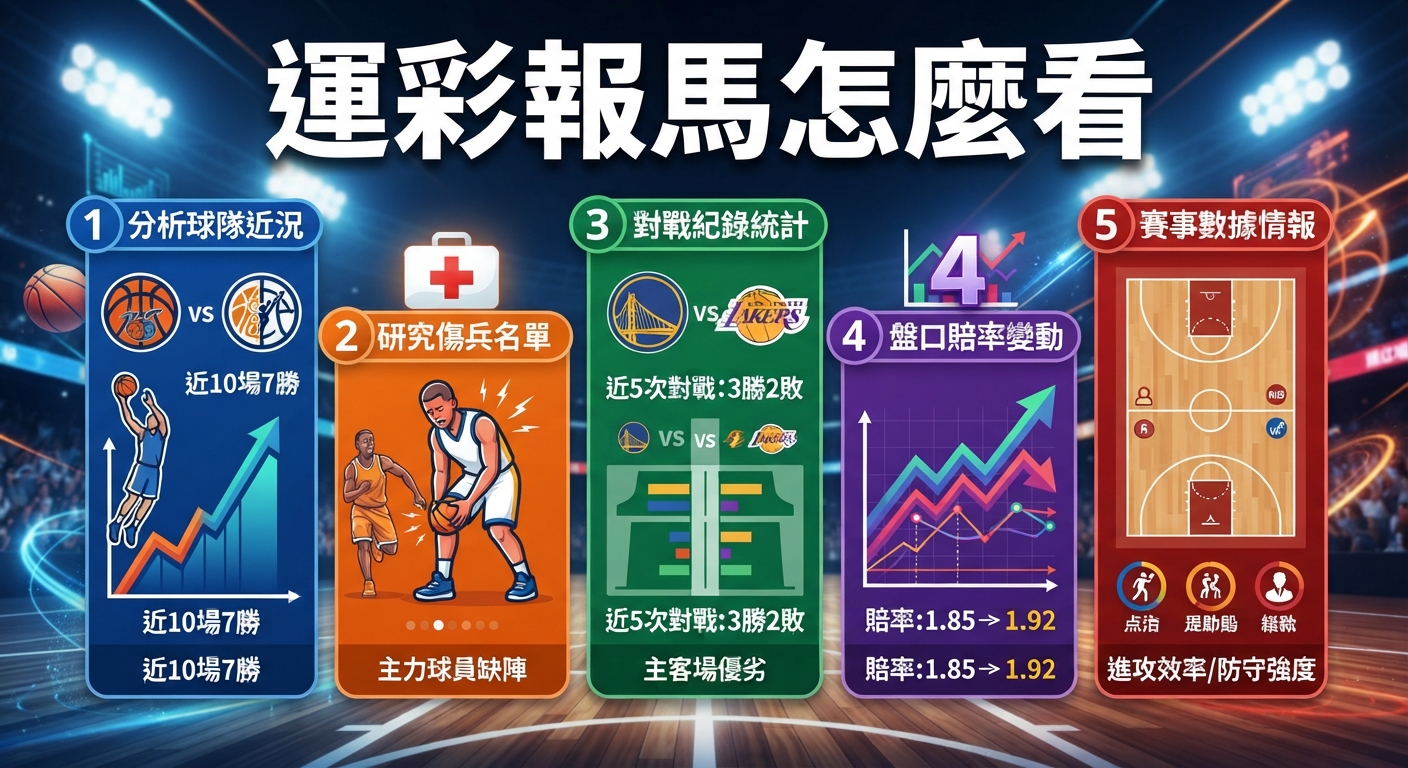 圖片展示了運彩報馬仔的分析重點，包含了球隊近況、傷兵名單與盤口賠率等資訊。 畫面以運動數據和賽事圖表為背景，上方清晰標示著主題「運彩報馬怎麼看」。