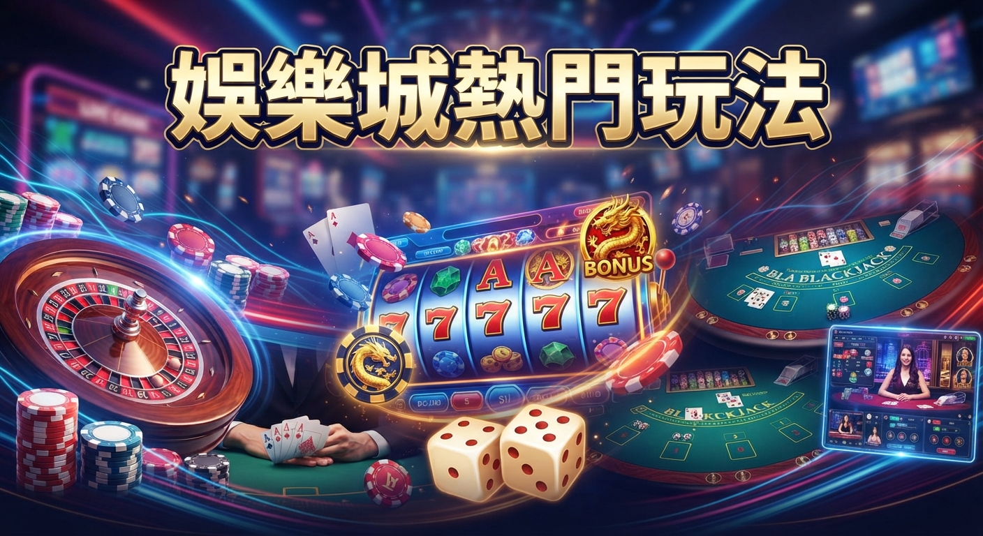 這是一張以「娛樂城熱門玩法」為主題的賭場風格圖片。畫面中展示了老虎機、撲克牌、骰子與輪盤等經典遊戲元素。